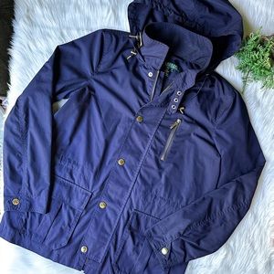 Ralph Lauren Navy Blue & Gold Hardware Rain Coat Women's M Jacket Hood Buckle